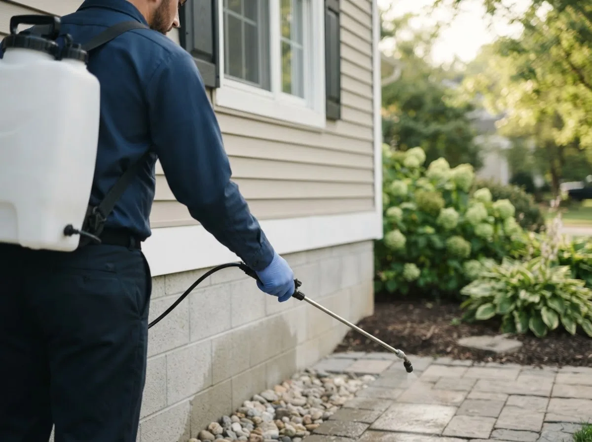 Pest control technician inspecting a home in Scotts, MI